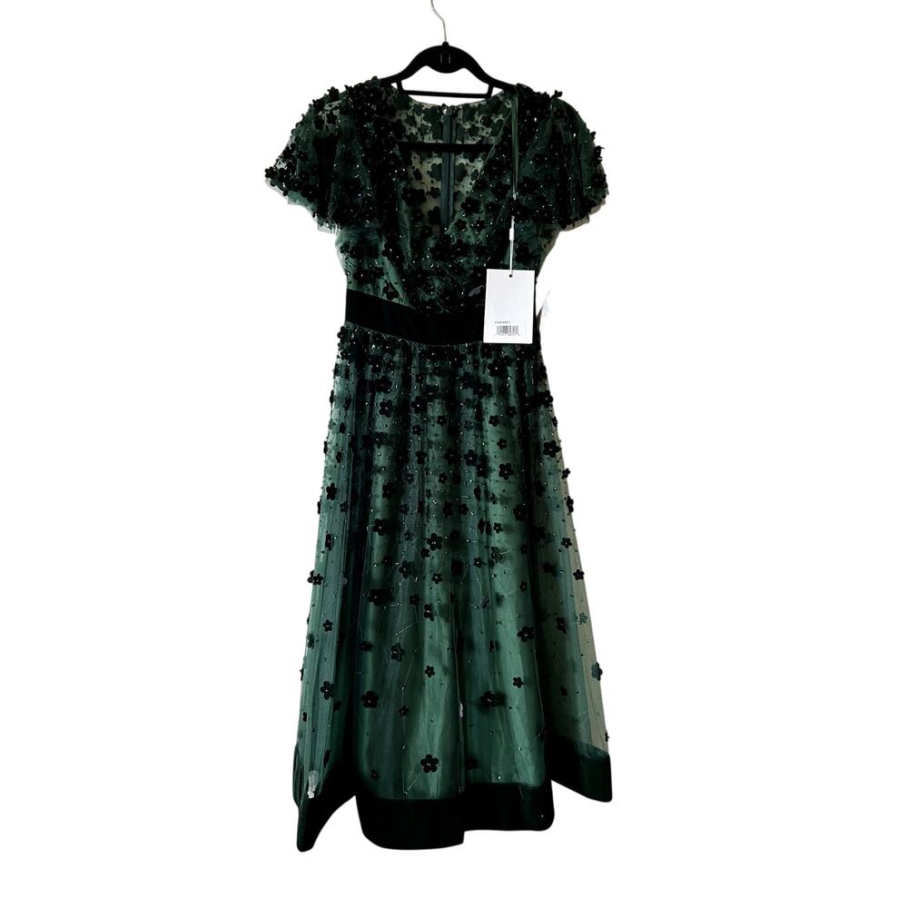 Mac Duggal Embellished Butterfly Sleeve Velvet Hem Midi Dress Emerald Green 2 - Picture 2 of 6